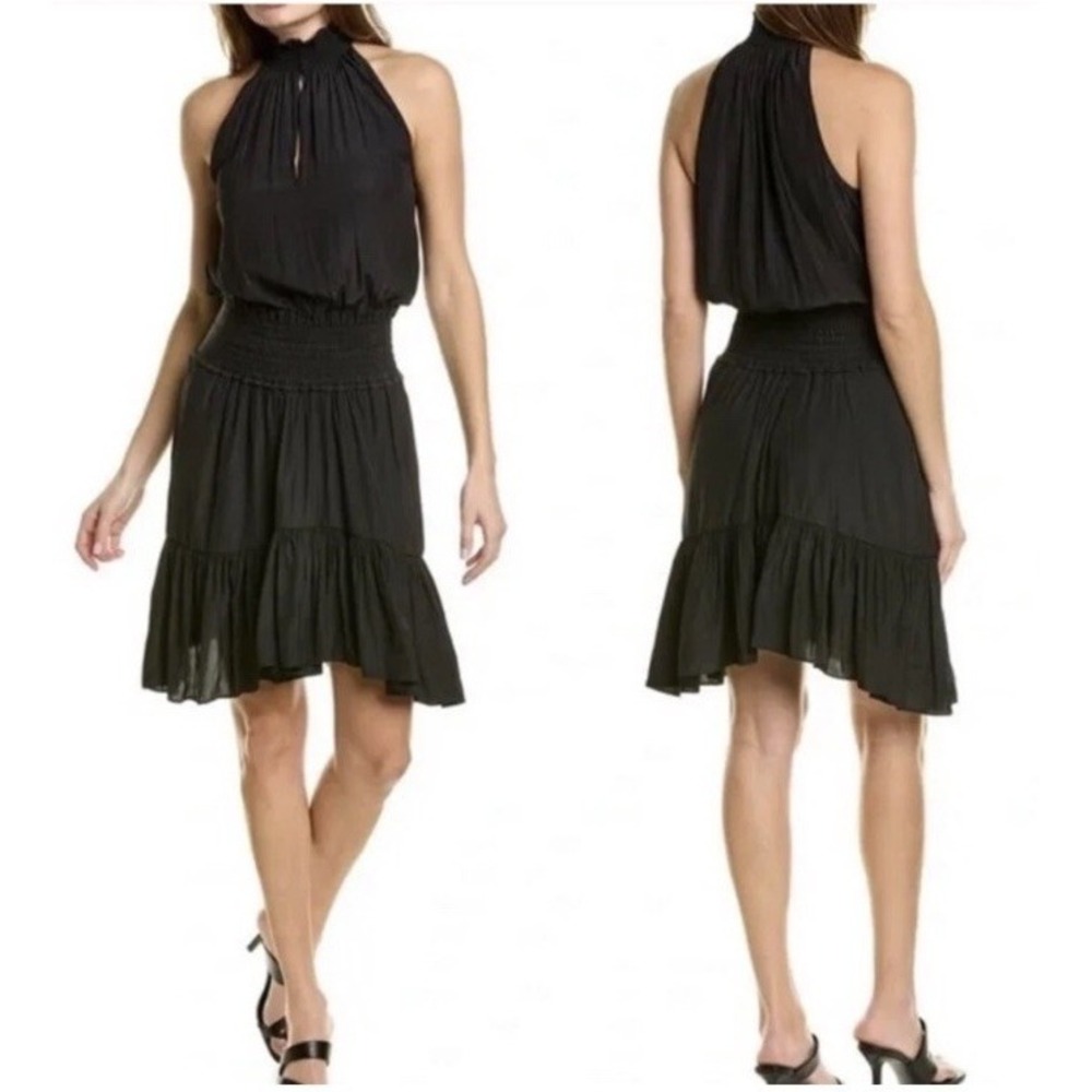 A.L.C. Cody Black A-Line Dress Smocked Halter Sharkbite Hem Women's 6